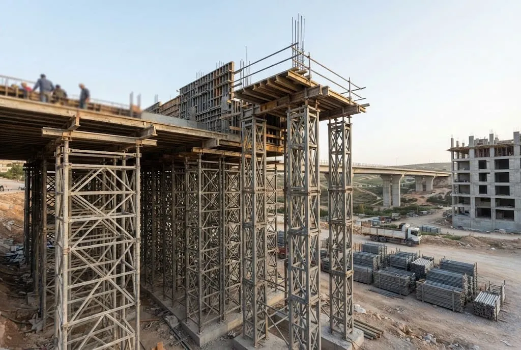السقالات الحاملة وأبراج الدعم الخرساني الفروق الهندسية وحلول التوريد في سوريا